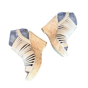 Franco Sarto Sharp Beige Leather Cork Wedge Cage Sandals Womens 7M